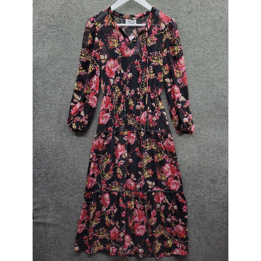 Tinsel Dress Women's Petite Small Black Red Tiered Tie Neck Blouson Sleeve NWT